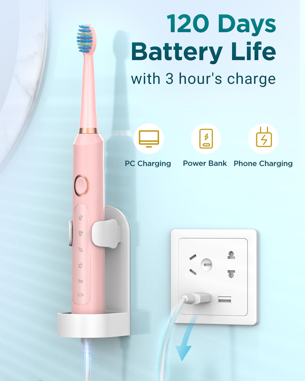 C8 Series Electric Toothbrush - Pink, 8 Brush Heads with Travel Case & Wall Mount, 5 Modes, IPX7 Waterproof