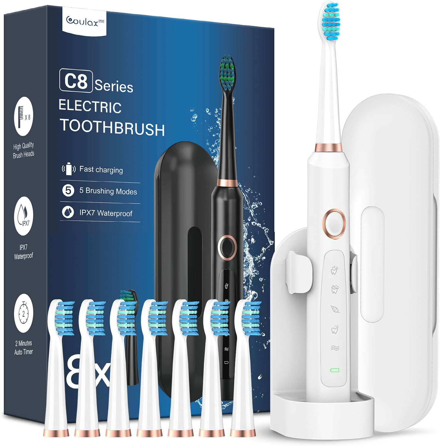 C8 Series Electric Toothbrush with 8 Heads & Travel Case, 5 Modes, Wall Mount, IPX7 Waterproof