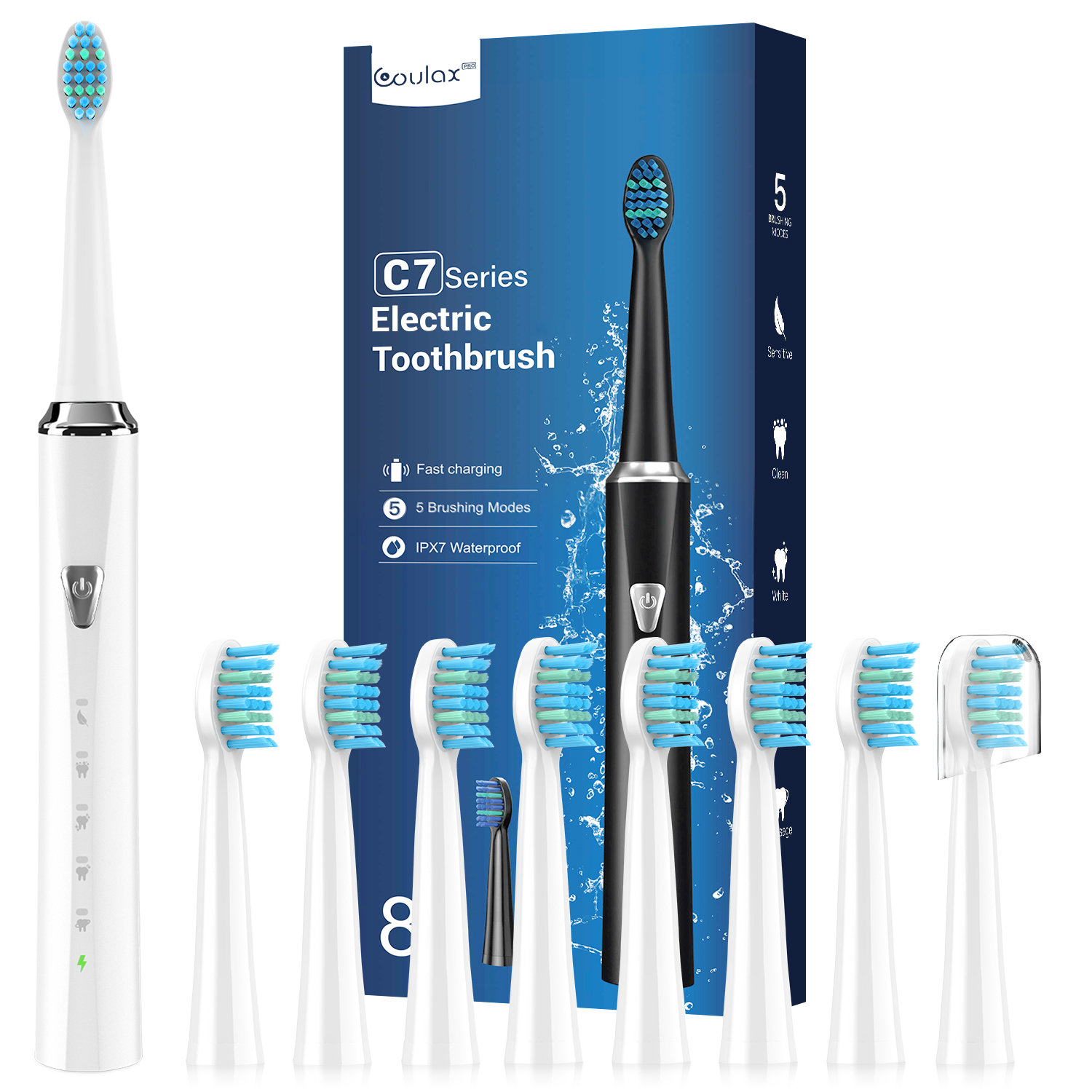 C7 Series Electric Toothbrush with 8 Brush Heads - Fast Charging & IPX7 Waterproof