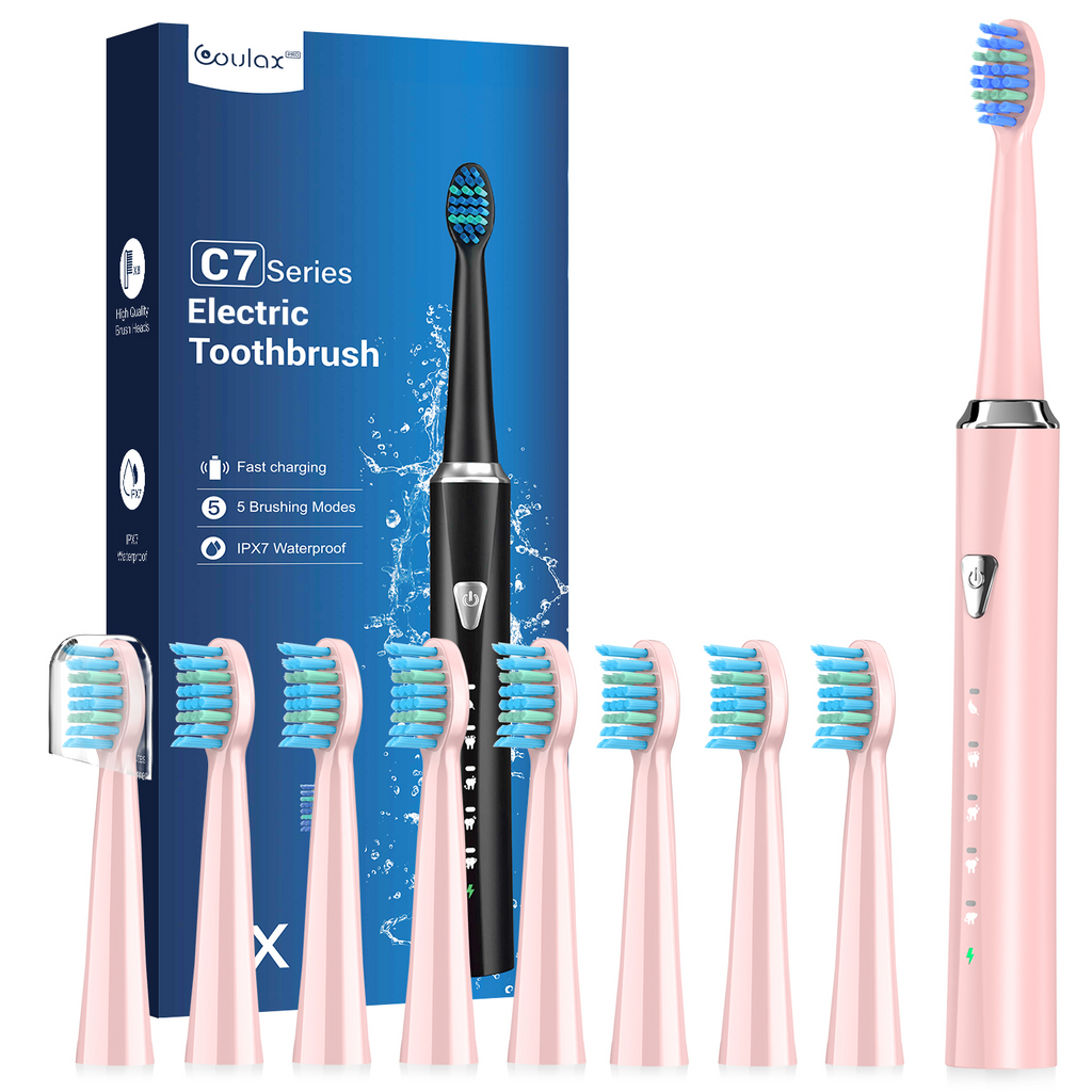 C7 Series Electric Toothbrush - Pink (8 Brush Heads), 5 Cleaning Modes, IPX7 Waterproof