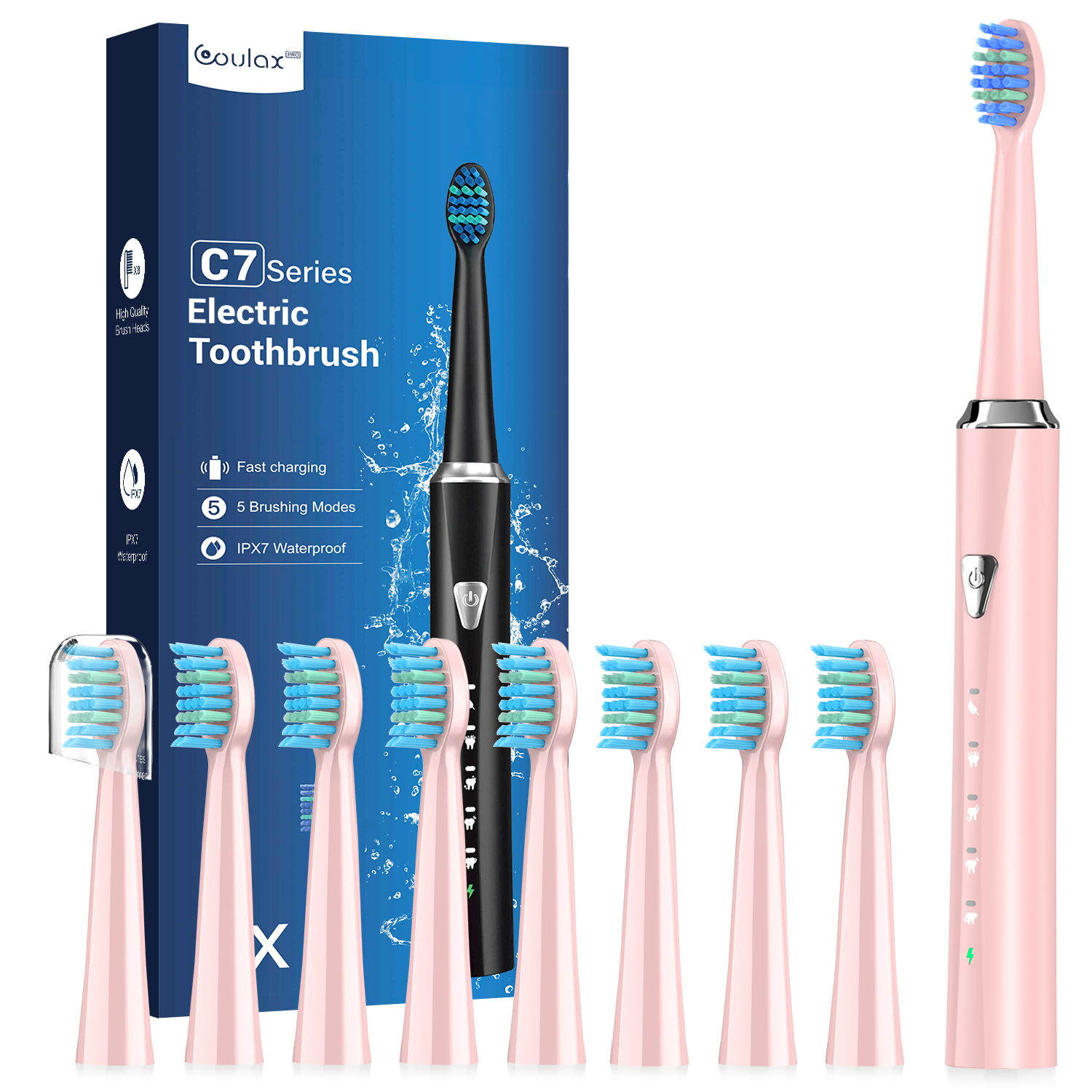 C7 Series Electric Toothbrush - Pink (8 Brush Heads), 5 Cleaning Modes, IPX7 Waterproof